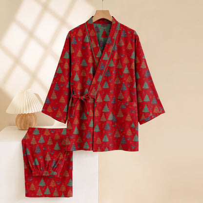 Completo da casa in cotone con kimono e stampa albero di Natale. - image 12