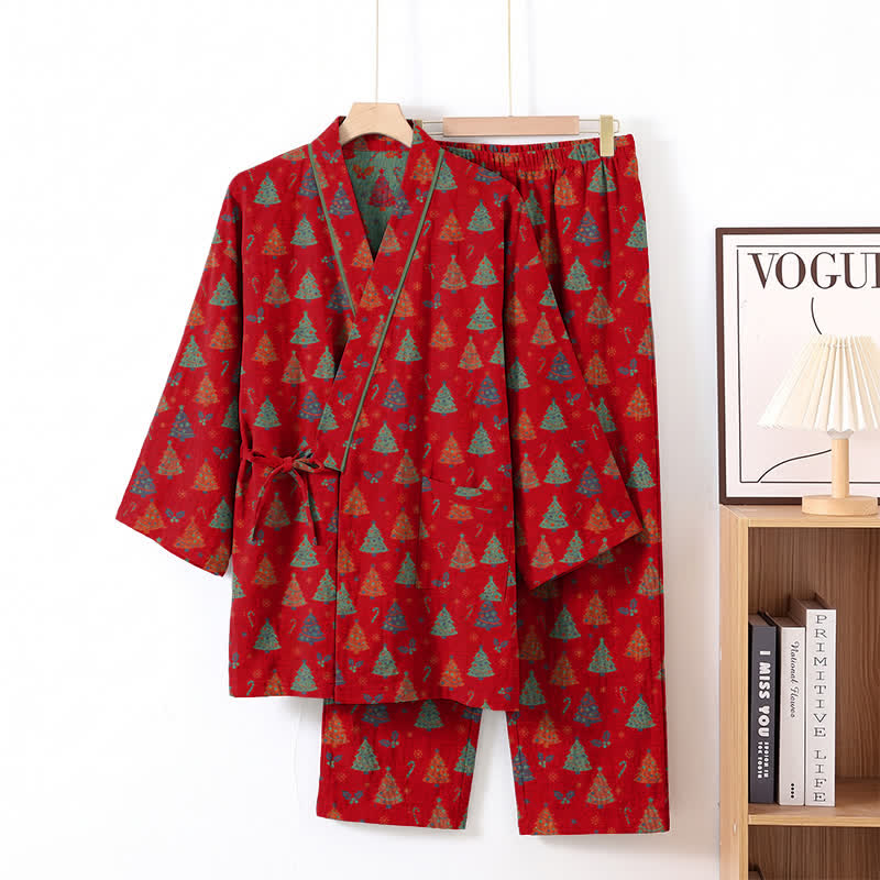 Completo da casa in cotone con kimono e stampa albero di Natale. - image 9