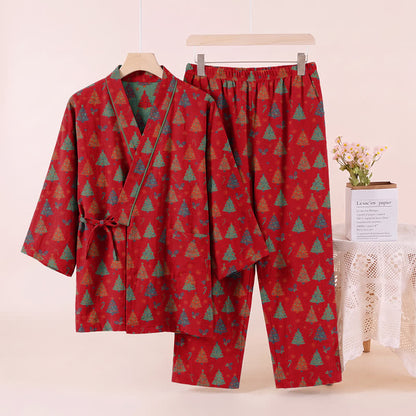 Completo da casa in cotone con kimono e stampa albero di Natale. - image 10