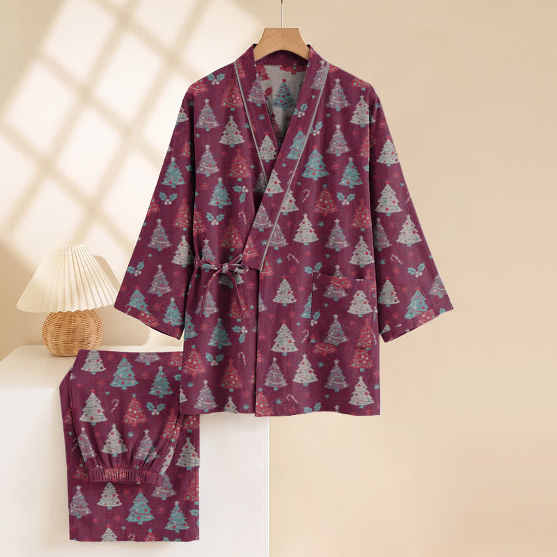Completo da casa in cotone con kimono e stampa albero di Natale. - image 20