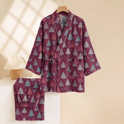 Completo da casa in cotone con kimono e stampa albero di Natale. - image 20