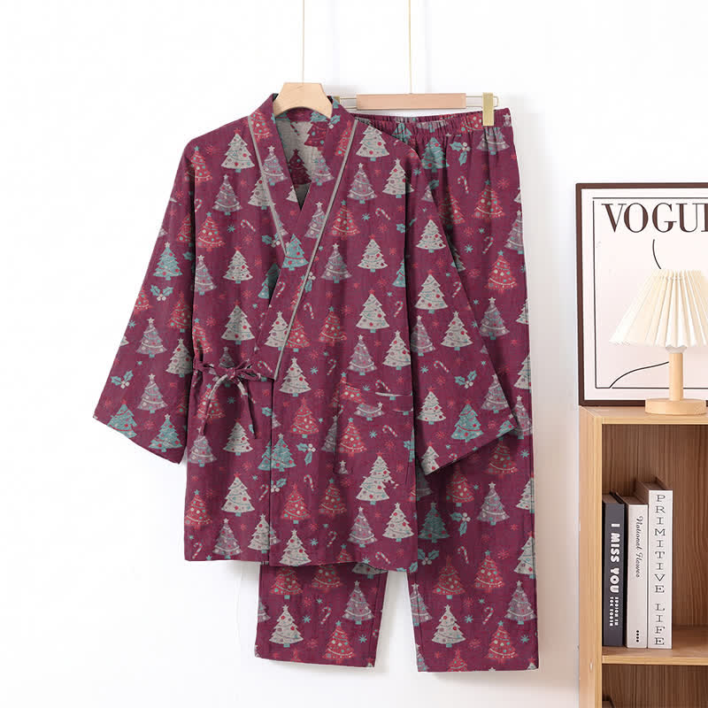 Completo da casa in cotone con kimono e stampa albero di Natale. - image 17