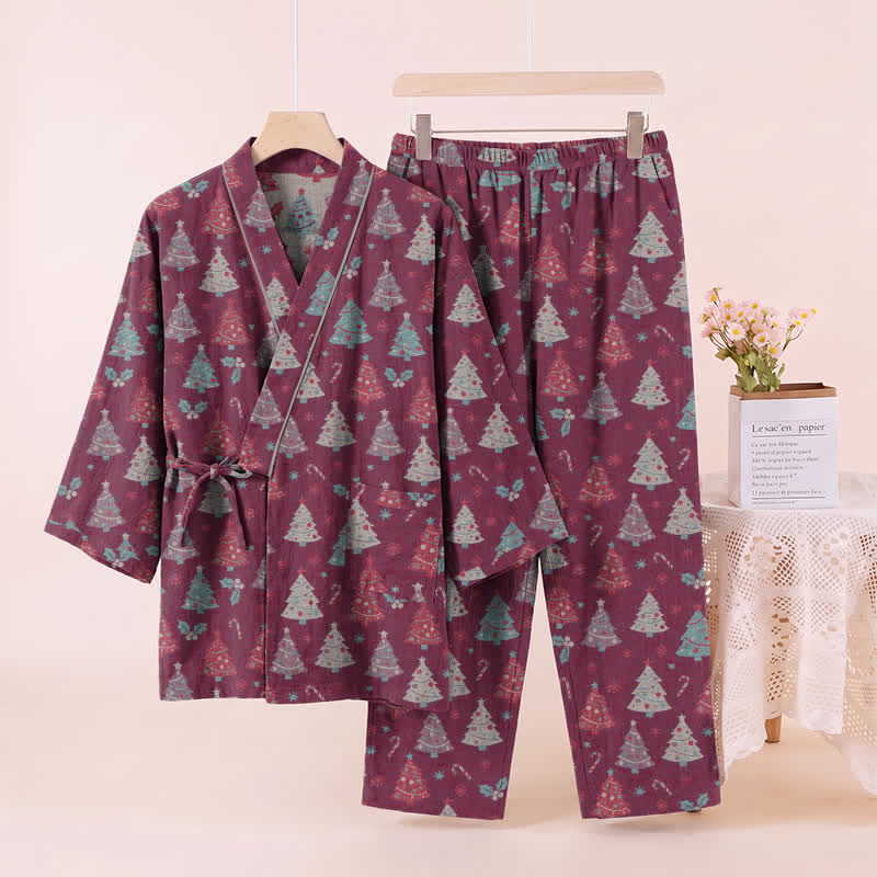 Completo da casa in cotone con kimono e stampa albero di Natale. - image 18