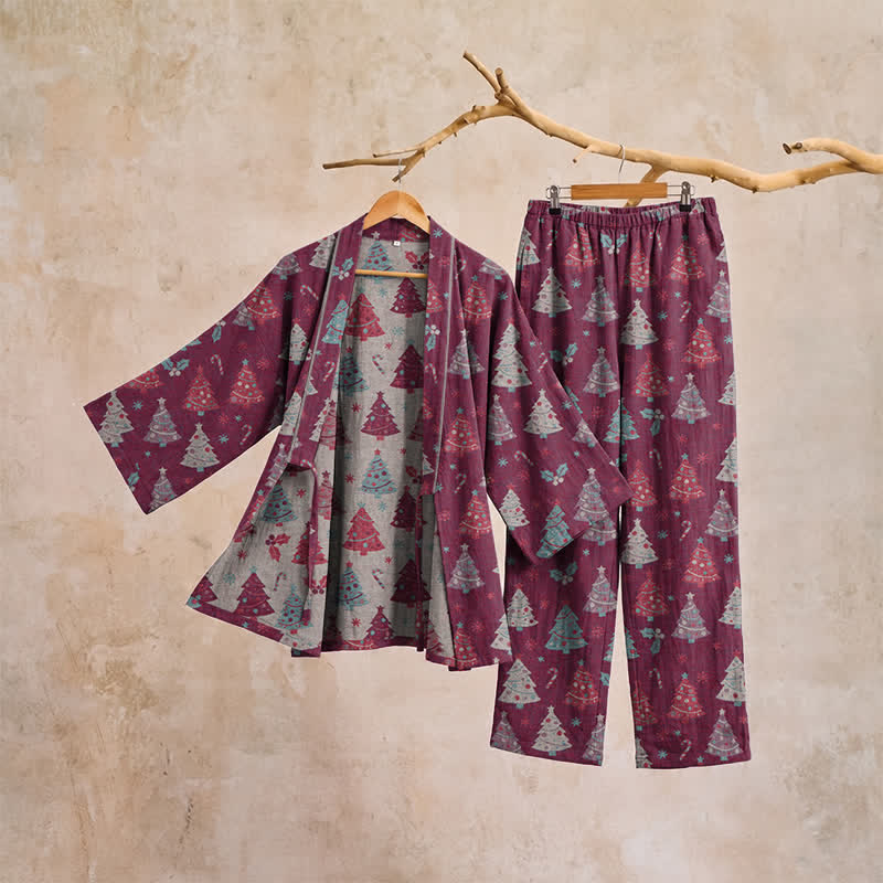 Completo da casa in cotone con kimono e stampa albero di Natale. - image 19