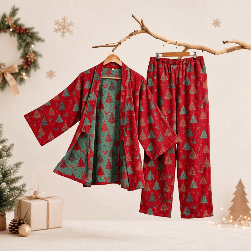 Completo da casa in cotone con kimono e stampa albero di Natale. - Rosso - XL - image 8