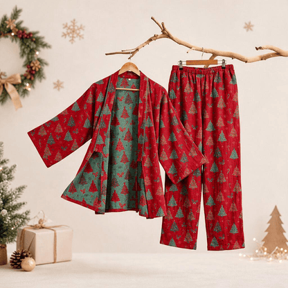 Completo da casa in cotone con kimono e stampa albero di Natale. - Rosso - XL - image 8