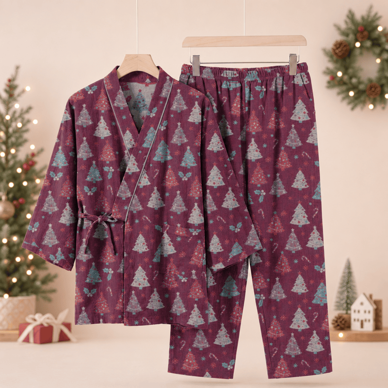 Completo da casa in cotone con kimono e stampa albero di Natale. - Viola - XL - image 15