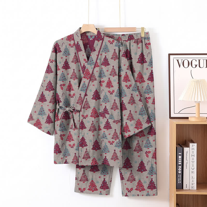 Completo da casa in cotone con kimono e stampa albero di Natale. - image 25