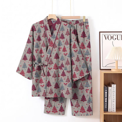 Completo da casa in cotone con kimono e stampa albero di Natale. - image 25