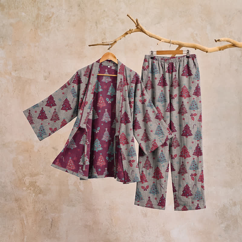 Completo da casa in cotone con kimono e stampa albero di Natale. - image 27