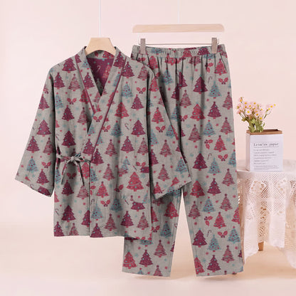 Completo da casa in cotone con kimono e stampa albero di Natale. - image 26