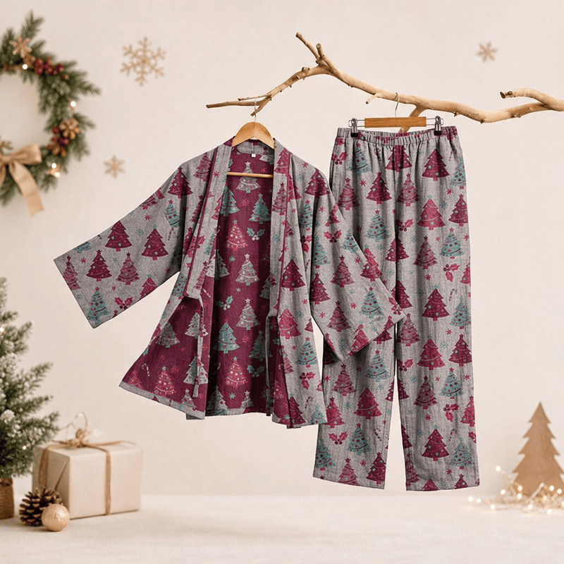 Completo da casa in cotone con kimono e stampa albero di Natale. - Beige - XL - image 24