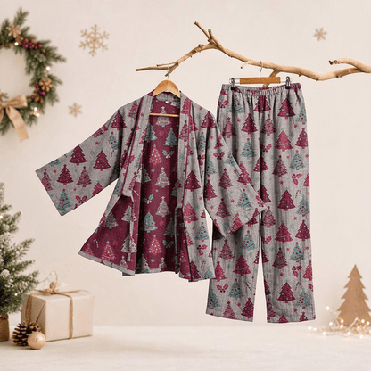 Completo da casa in cotone con kimono e stampa albero di Natale. - Beige - XL - image 24