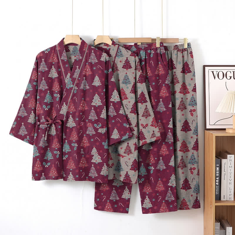Completo da casa in cotone con kimono e stampa albero di Natale. - image 16