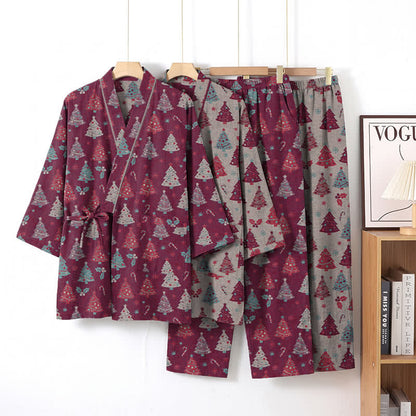 Completo da casa in cotone con kimono e stampa albero di Natale. - image 16