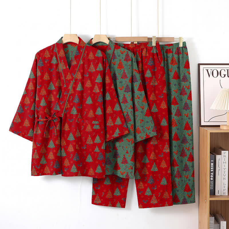 Completo da casa in cotone con kimono e stampa albero di Natale. - image 0