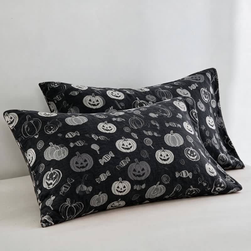 Coperta in cotone nera a forma di zucca di Halloween con motivo caramelle - Nero - 2 federe - 51cm x 91cm - image 5