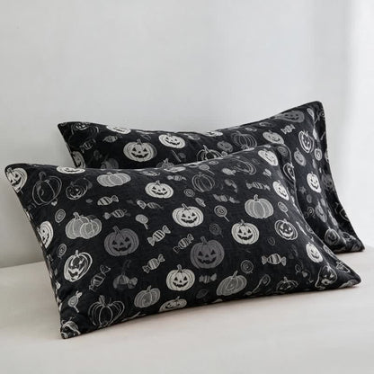 Coperta in cotone nera a forma di zucca di Halloween con motivo caramelle - Nero - 2 federe - 51cm x 91cm - image 5