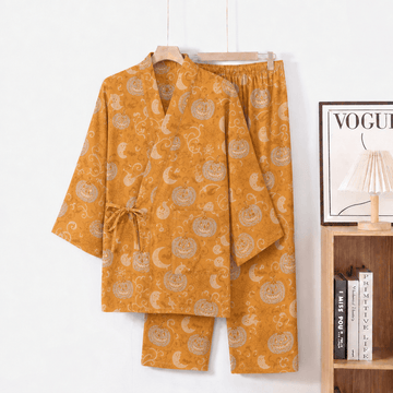 Set pigiama kimono in cotone con motivo zucca e fantasma di Halloween - Arancia - XL - image 0