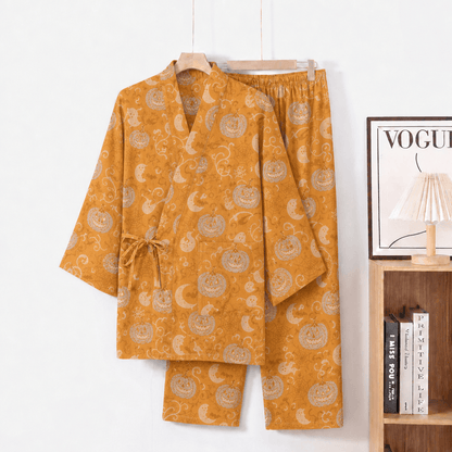 Set pigiama kimono in cotone con motivo zucca e fantasma di Halloween - Arancia - XL - image 0