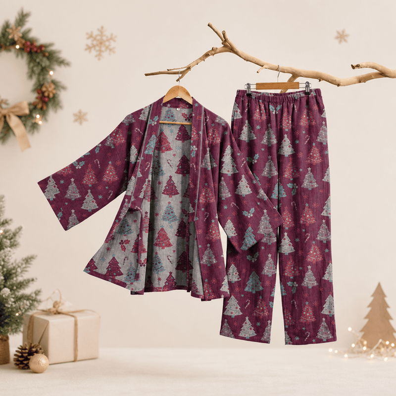 Completo da casa in cotone con kimono e stampa albero di Natale. - Viola - XL - image 15