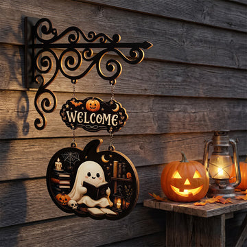 Cartello in legno da appendere alla porta con zucca, spettrale e carina - Lettura - 4 pezzi - 10" L x 15" H - image 0