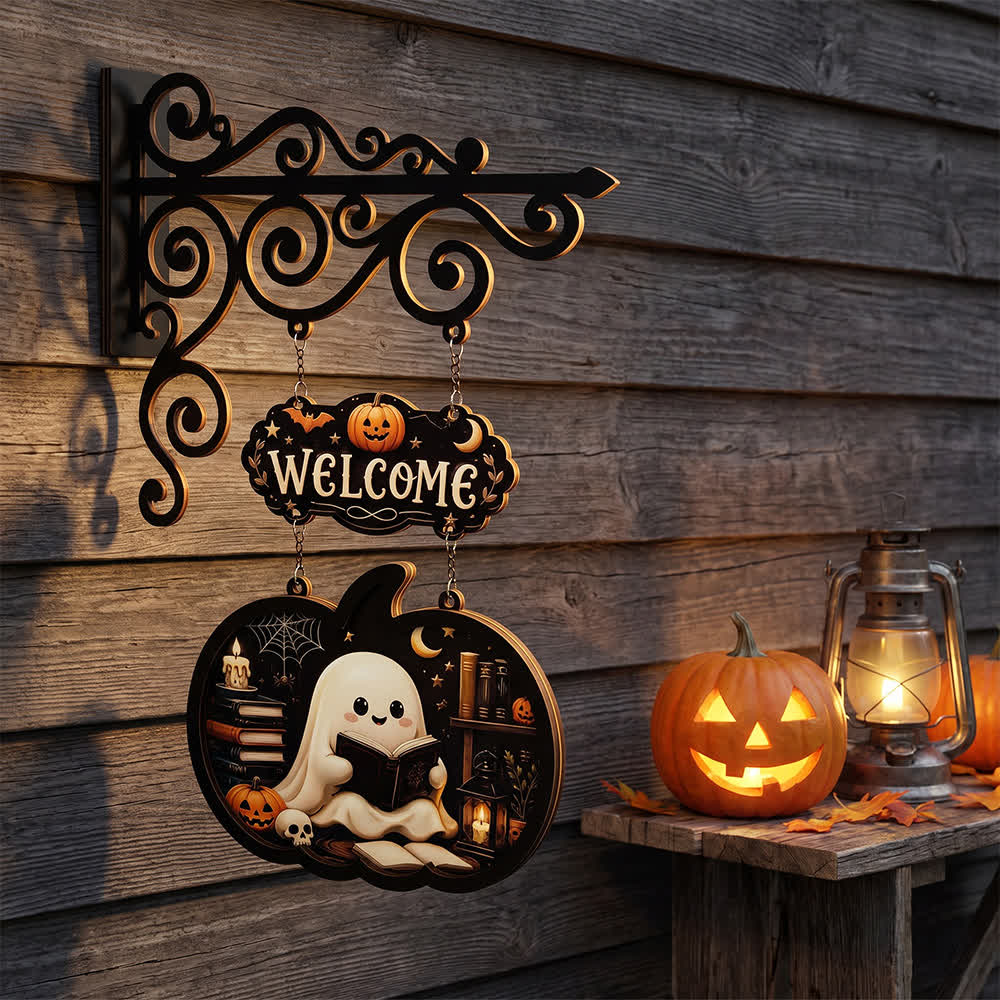 Cartello in legno da appendere alla porta con zucca, spettrale e carina - Lettura - 4 pezzi - 10" L x 15" H - image 0