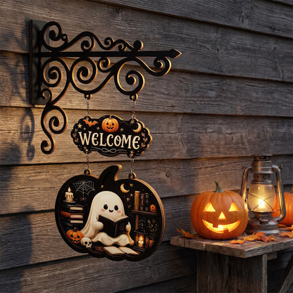 Cartello in legno da appendere alla porta con zucca, spettrale e carina - Lettura - 4 pezzi - 10" L x 15" H - image 0