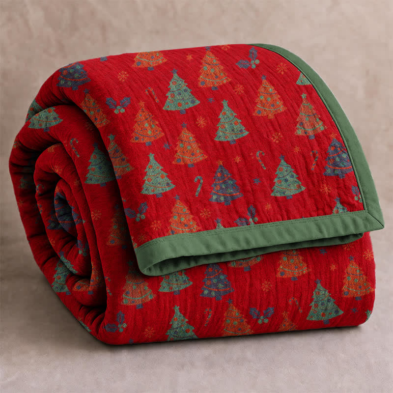 Coperta festiva in garza di cotone con motivo albero di Natale - image 1