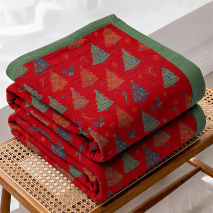 Coperta festiva in garza di cotone con motivo albero di Natale - Rosso - Coperta - 98" x 94" - image 0