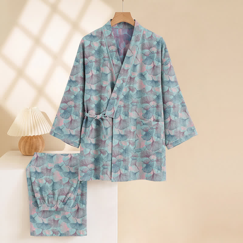 Set pigiama kimono in cotone con motivo a foglie di ginkgo in stile retrò - image 4