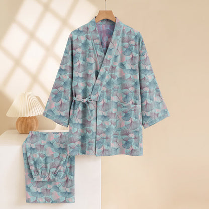 Set pigiama kimono in cotone con motivo a foglie di ginkgo in stile retrò - image 4
