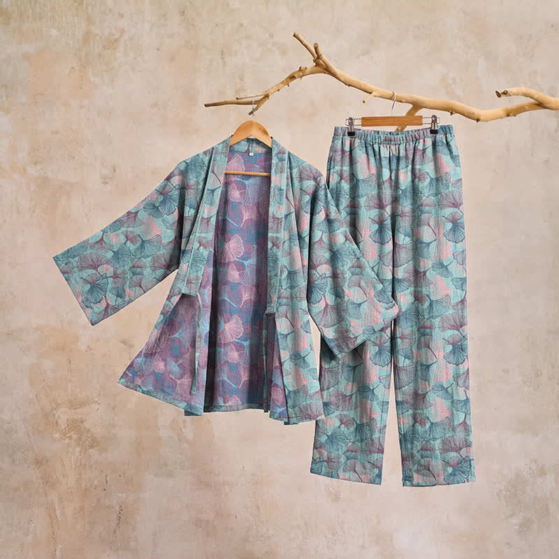 Set pigiama kimono in cotone con motivo a foglie di ginkgo in stile retrò - image 3