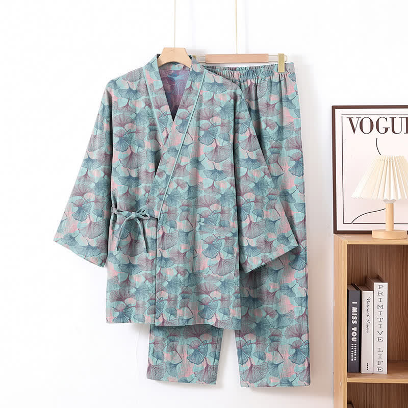 Set pigiama kimono in cotone con motivo a foglie di ginkgo in stile retrò - Blu - XL - image 1