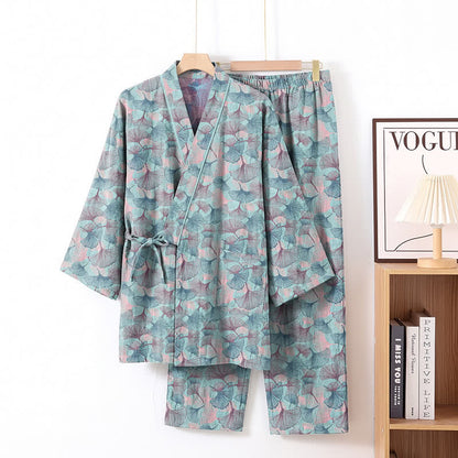 Set pigiama kimono in cotone con motivo a foglie di ginkgo in stile retrò - Blu - XL - image 1