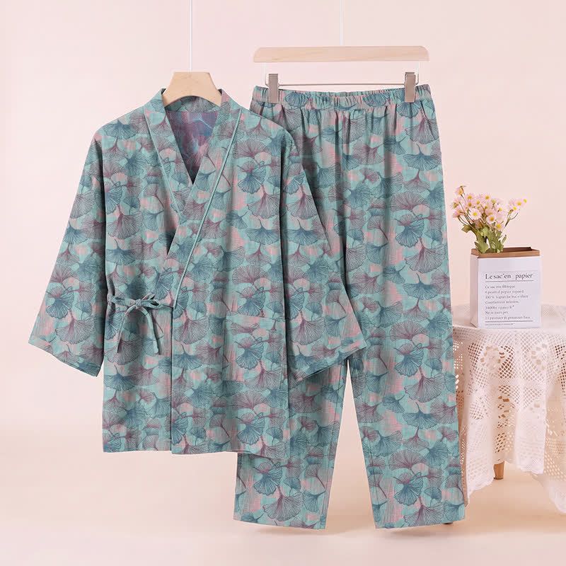 Set pigiama kimono in cotone con motivo a foglie di ginkgo in stile retrò - image 2