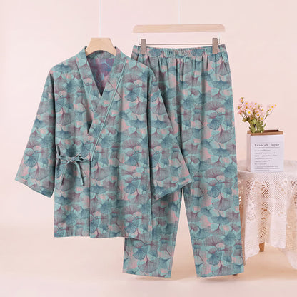 Set pigiama kimono in cotone con motivo a foglie di ginkgo in stile retrò - image 2