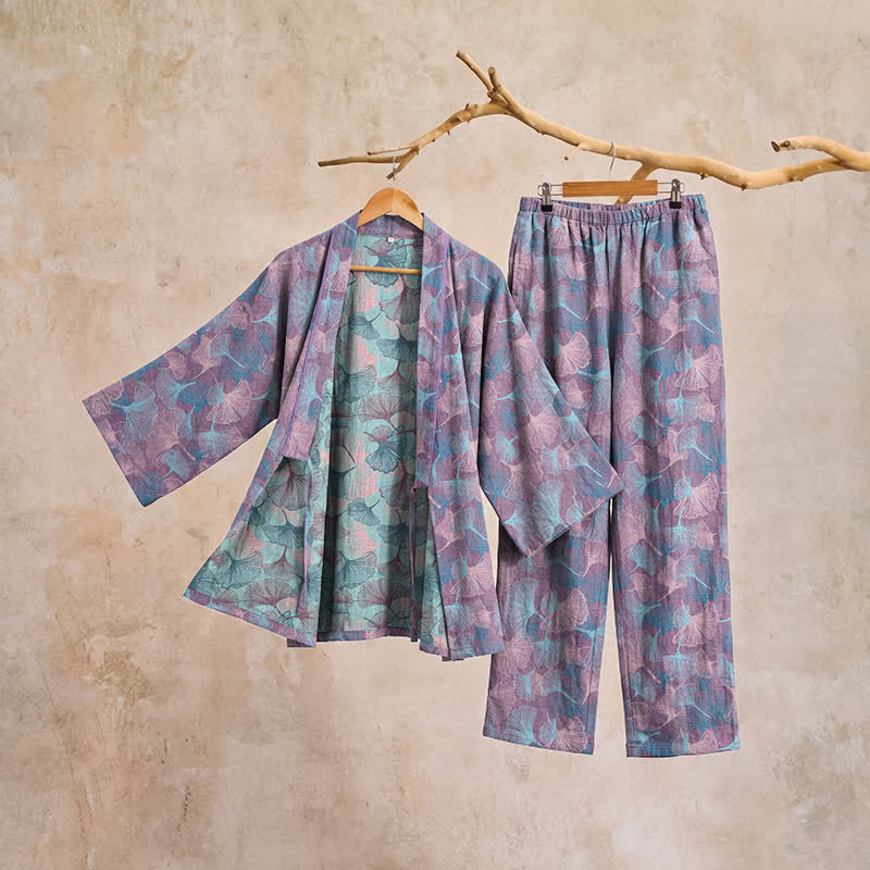 Set pigiama kimono in cotone con motivo a foglie di ginkgo in stile retrò - image 9