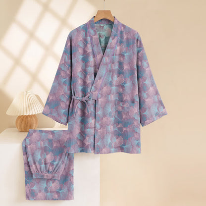 Set pigiama kimono in cotone con motivo a foglie di ginkgo in stile retrò - image 10