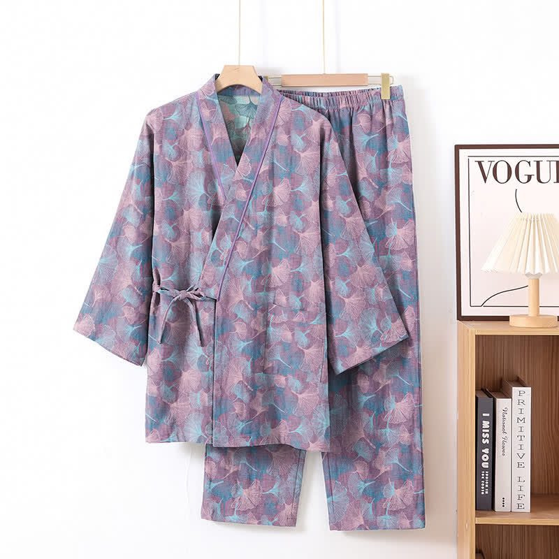 Set pigiama kimono in cotone con motivo a foglie di ginkgo in stile retrò - Viola - XL - image 6