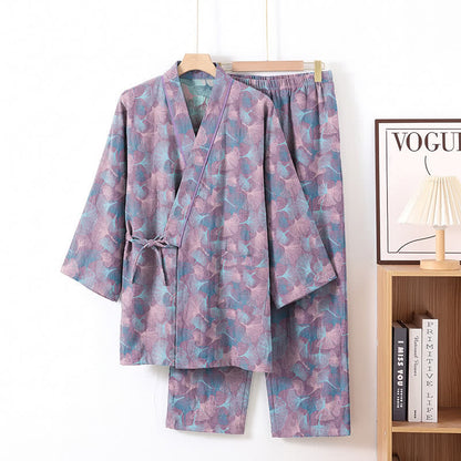 Set pigiama kimono in cotone con motivo a foglie di ginkgo in stile retrò - Viola - XL - image 6