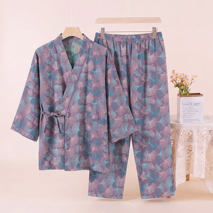 Set pigiama kimono in cotone con motivo a foglie di ginkgo in stile retrò - image 8