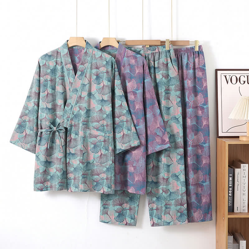 Set pigiama kimono in cotone con motivo a foglie di ginkgo in stile retrò - image 0