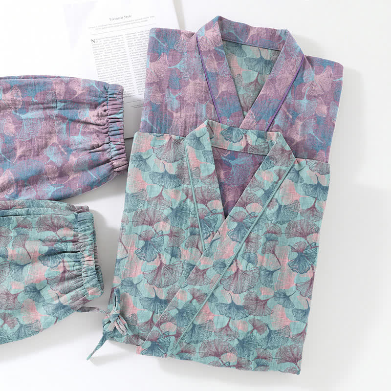 Set pigiama kimono in cotone con motivo a foglie di ginkgo in stile retrò - image 5
