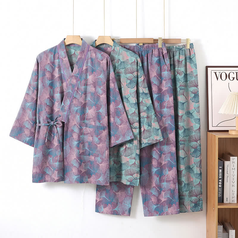 Set pigiama kimono in cotone con motivo a foglie di ginkgo in stile retrò - image 7