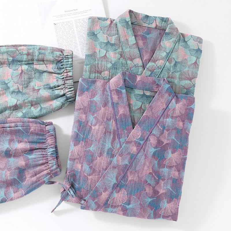Set pigiama kimono in cotone con motivo a foglie di ginkgo in stile retrò - image 11