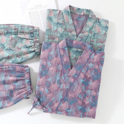 Set pigiama kimono in cotone con motivo a foglie di ginkgo in stile retrò - image 11
