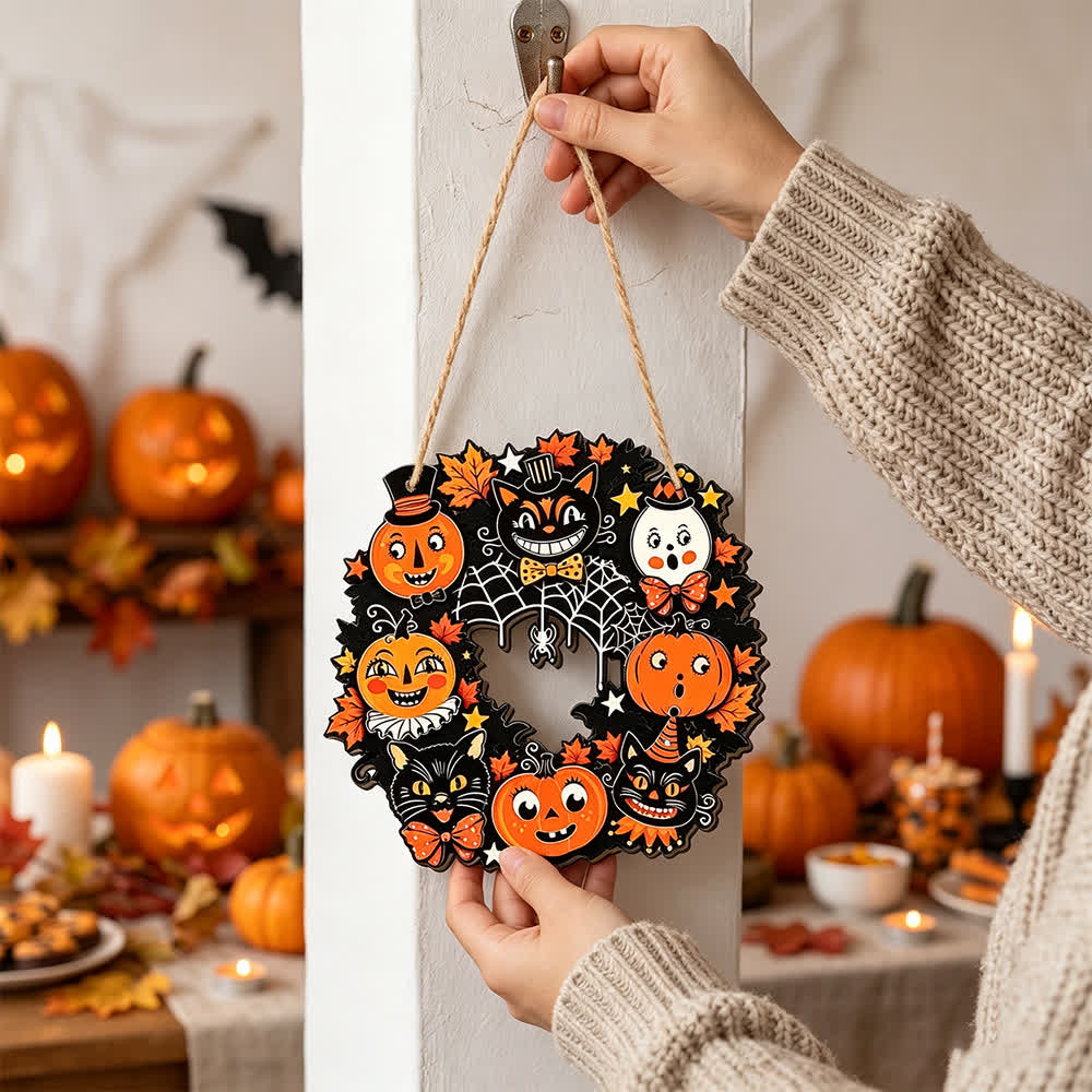Cartello di Halloween in legno con ghirlanda e corda di iuta - Gatto nero e zucca - 4 pezzi - 7,87" - image 0