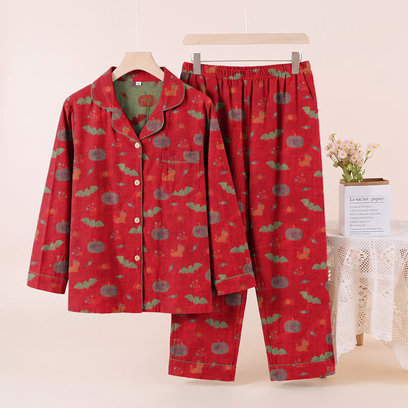 Completo da casa in cotone con zucca e pipistrello di Halloween - Rosso - XL - image 0