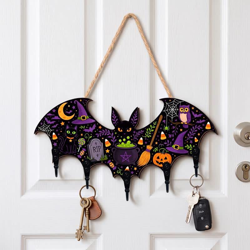 Portachiavi in ​​legno a forma di pipistrello per Halloween - La strega, il gatto e il calderone - 4 pezzi - 12"L x 5" H - image 2